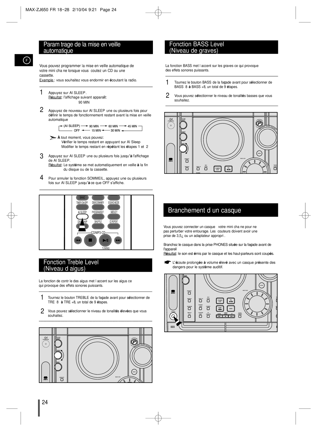 Samsung MAXZJ650RH/ELS manual Branchement d’un casque, Paramétrage de la mise en veille automatique 