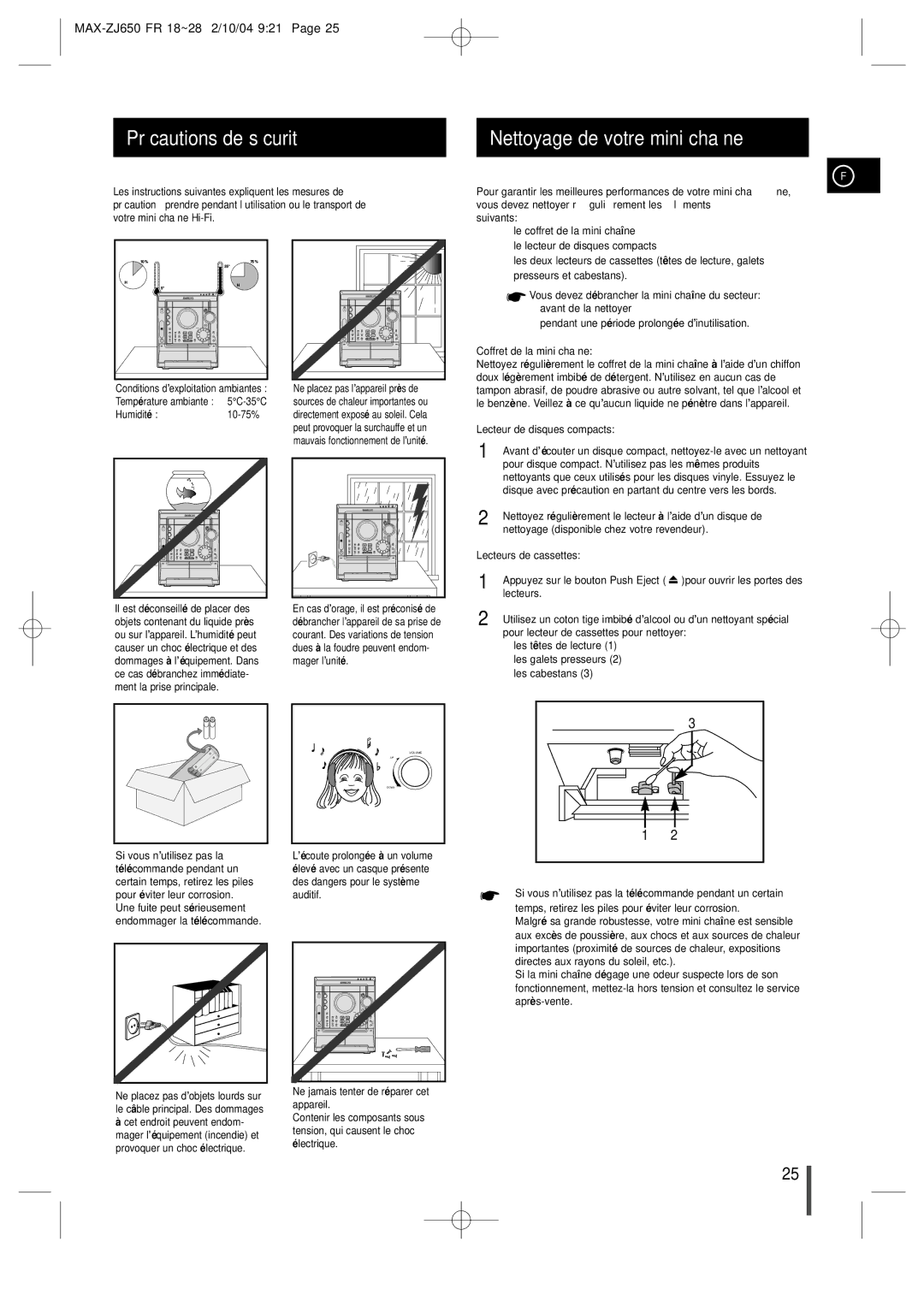 Samsung MAXZJ650RH/ELS manual Précautions de sécurité Nettoyage de votre mini chaîne 