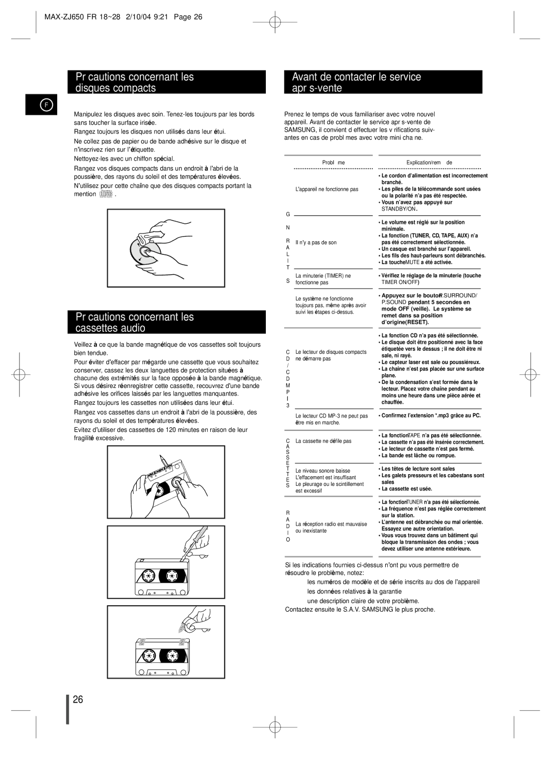 Samsung MAXZJ650RH/ELS manual Précautions concernant les disques compacts, Avant de contacter le service après-vente 