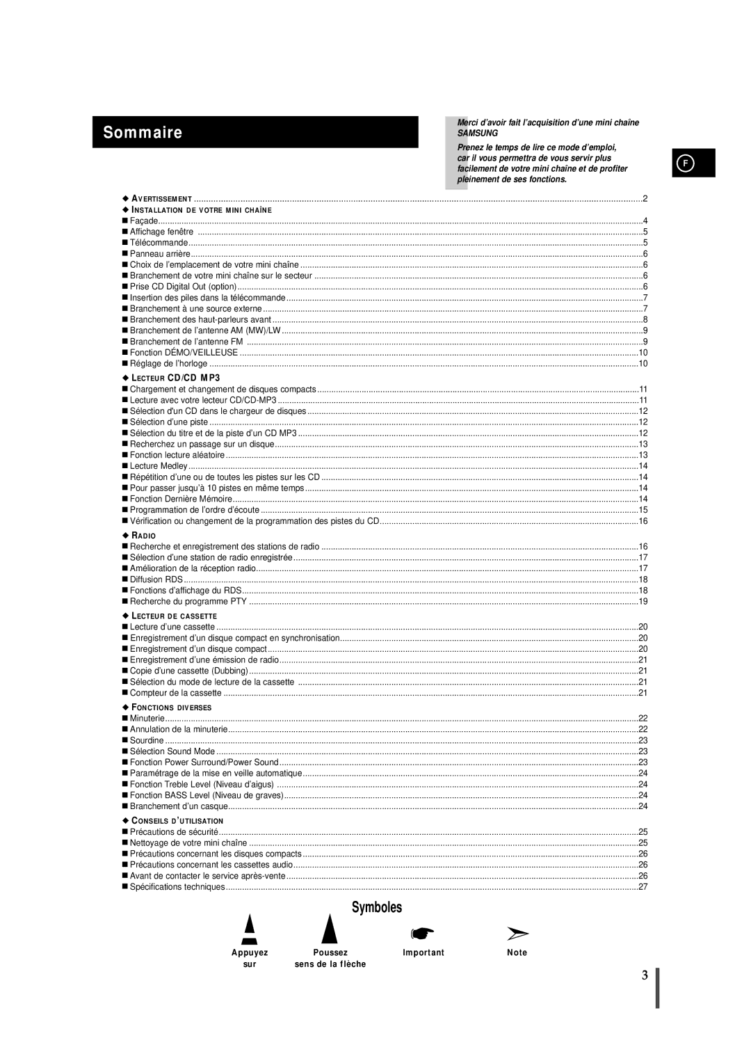 Samsung MAXZJ650RH/ELS manual Sommaire, Appuyez, Sur Sens de la flèche 