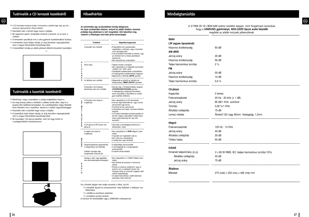 Samsung MAXZJ650RH/ELS manual Minõségtanúsítás, Tudnivalók a CD lemezek kezelésérõl, Hibaelhárítás 