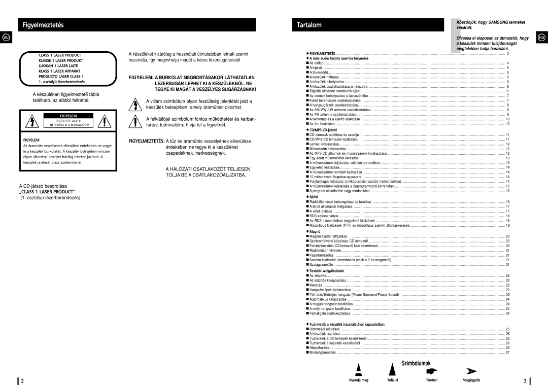 Samsung MAXZJ650RH/ELS manual Figyelmeztetés, Tartalom 