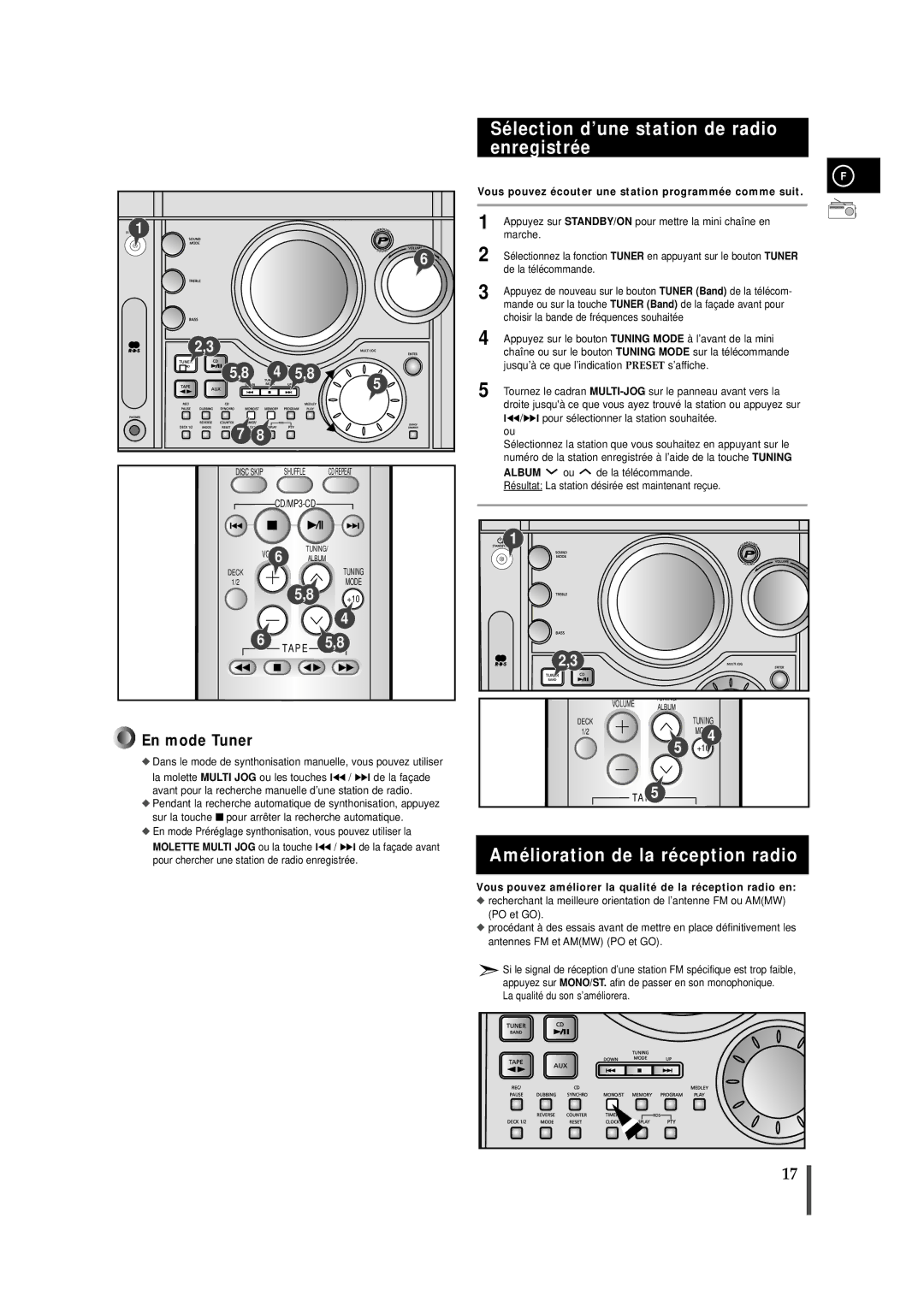 Samsung MAXZJ730RH/ELS manual Sélection d’une station de radio enregistrée, Amélioration de la réception radio 