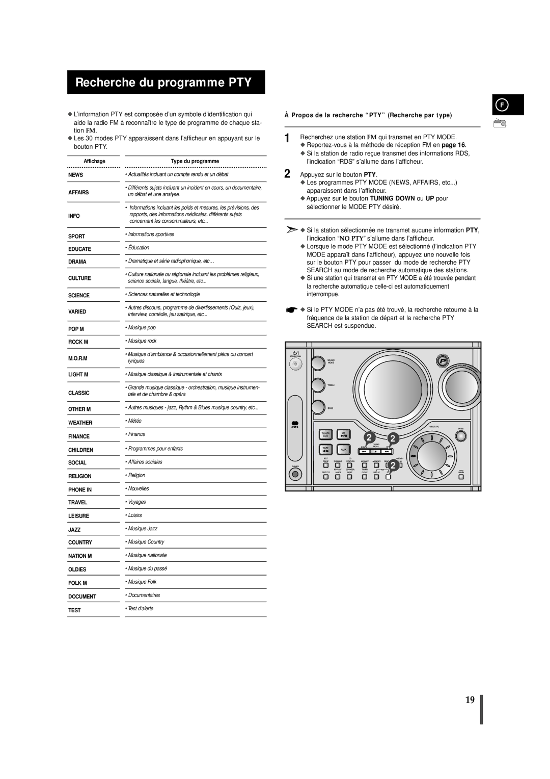 Samsung MAXZJ730RH/ELS manual Recherche du programme PTY, Propos de la recherche PTY Recherche par type 