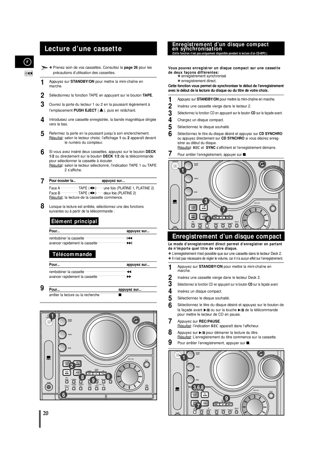 Samsung MAXZJ730RH/ELS manual Lecture d’une cassette, Enregistrement d’un disque compact, Pour écouter la Appuyez sur 