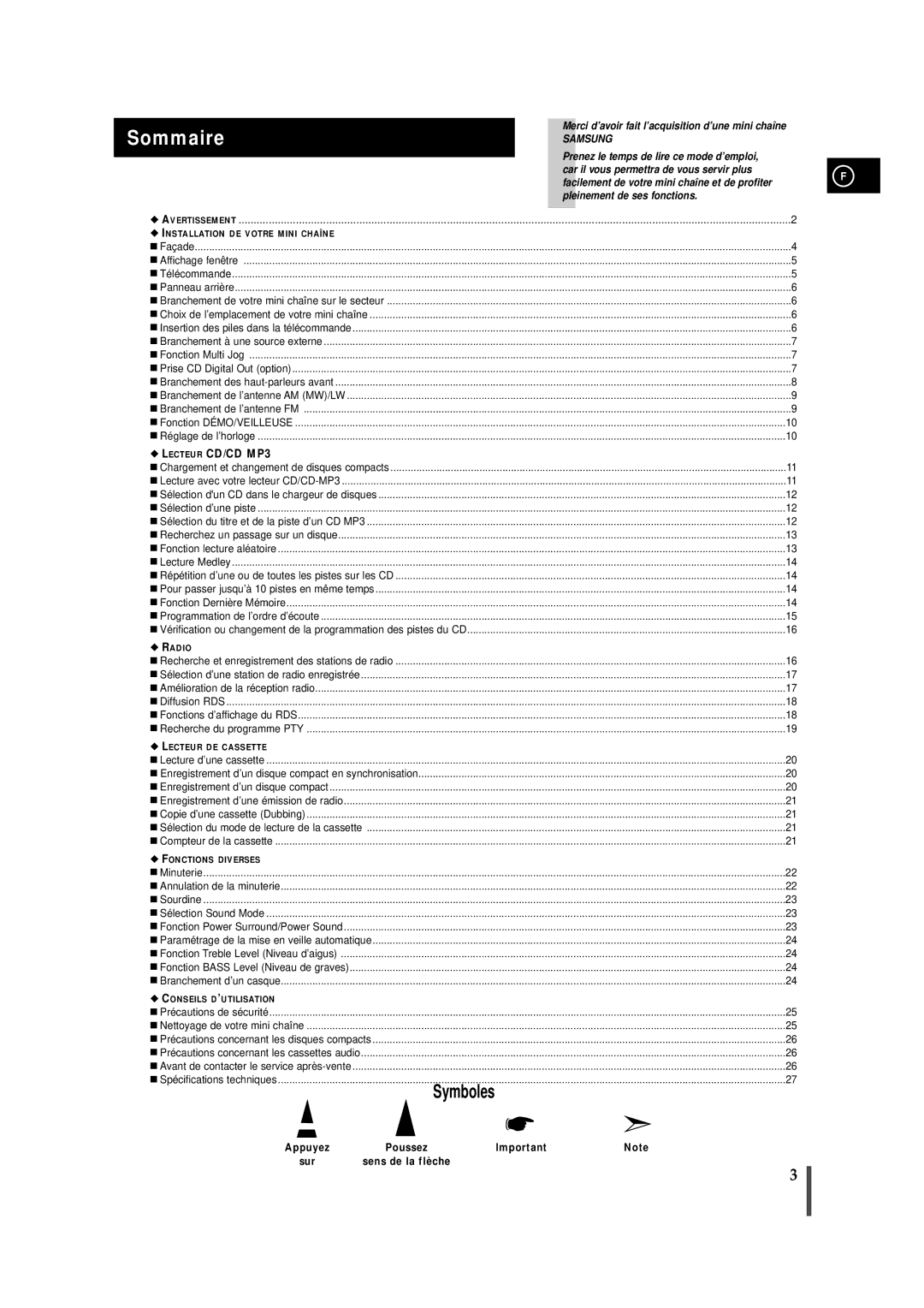 Samsung MAXZJ730RH/ELS manual Sommaire, Appuyez, Sur Sens de la flèche 