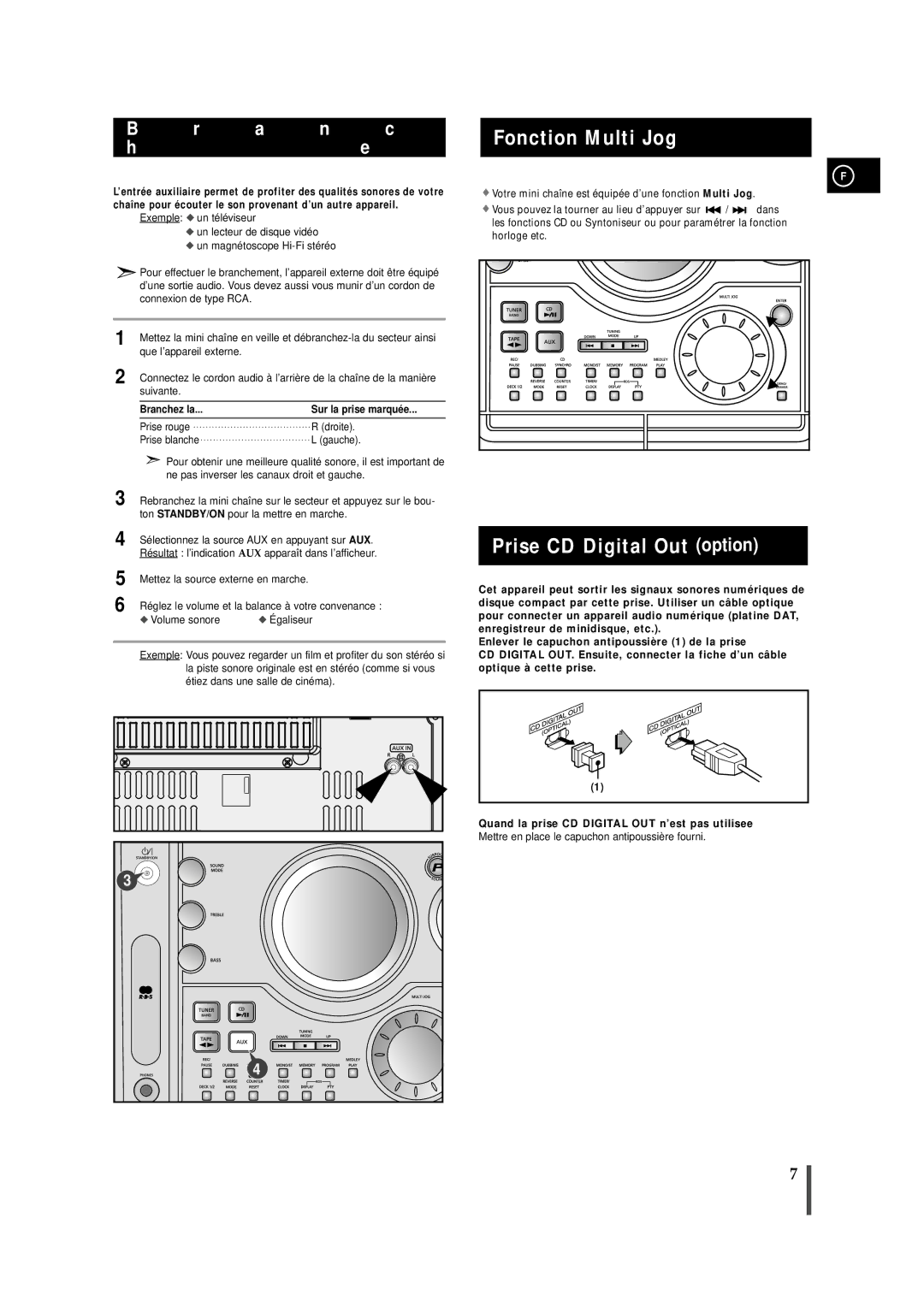 Samsung MAXZJ730RH/ELS manual Fonction Multi Jog, Prise CD Digital Out option, Branchez la Sur la prise marquée 