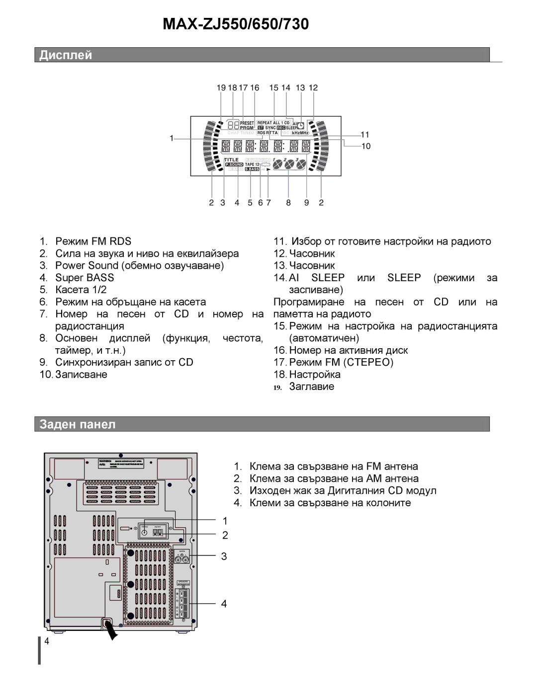 Samsung MAXZJ730RH/ELS manual Дисплей, Заден панел 