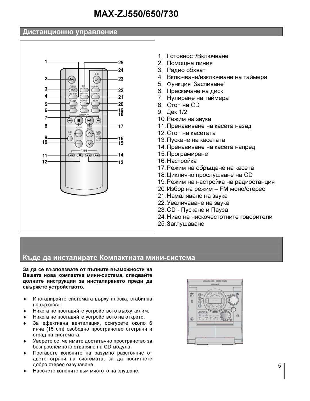 Samsung MAXZJ730RH/ELS manual Дистанционно управление, Къде да инсталирате Компактната мини-система 