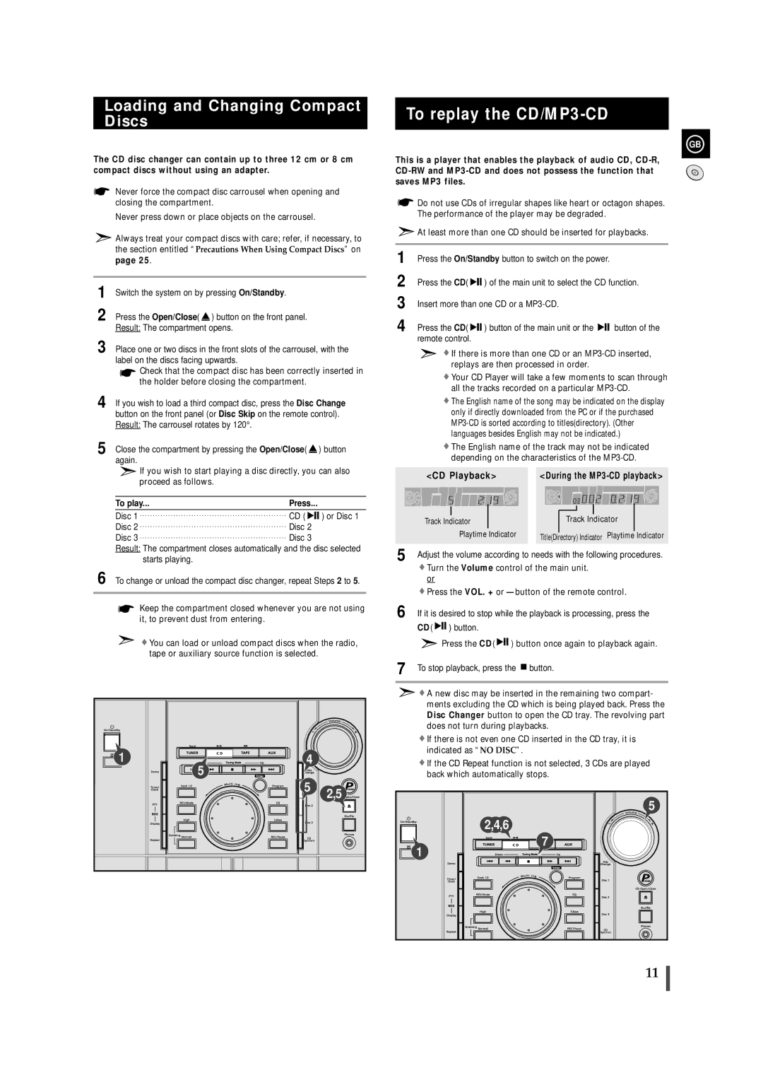 Samsung MAXZL45RH/ELS manual To replay the CD/MP3-CD, Loading and Changing Compact Discs, To play, Track Indicator 