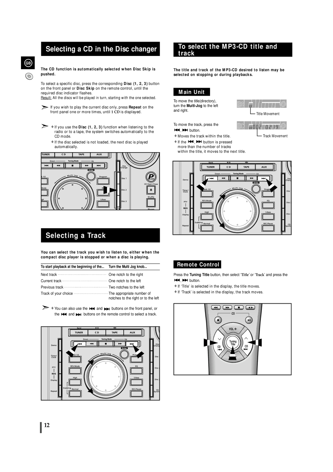 Samsung MAXZL45RH/ELS manual Selecting a CD in the Disc changer, Selecting a Track, To select the MP3-CD title and track 