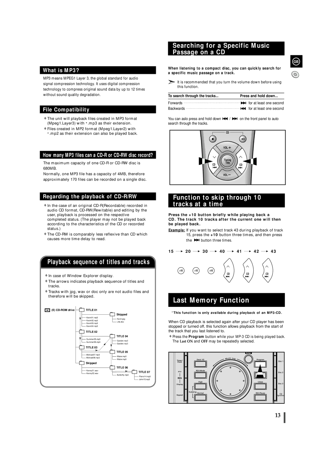 Samsung MAXZL45RH/ELS manual Last Memory Function, Searching for a Specific Music Passage on a CD 