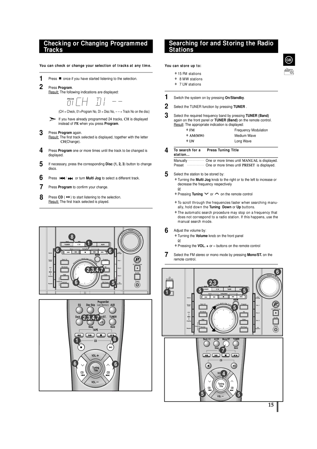 Samsung MAXZL45RH/ELS manual Checking or Changing Programmed Tracks, Searching for and Storing the Radio Stations 