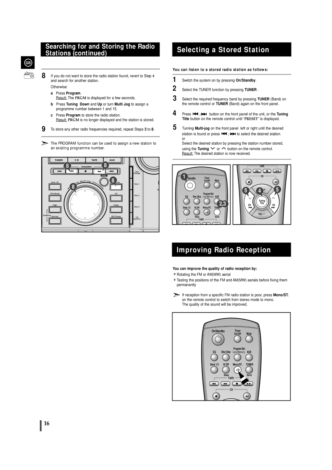 Samsung MAXZL45RH/ELS manual Selecting a Stored Station, Improving Radio Reception, Stations 