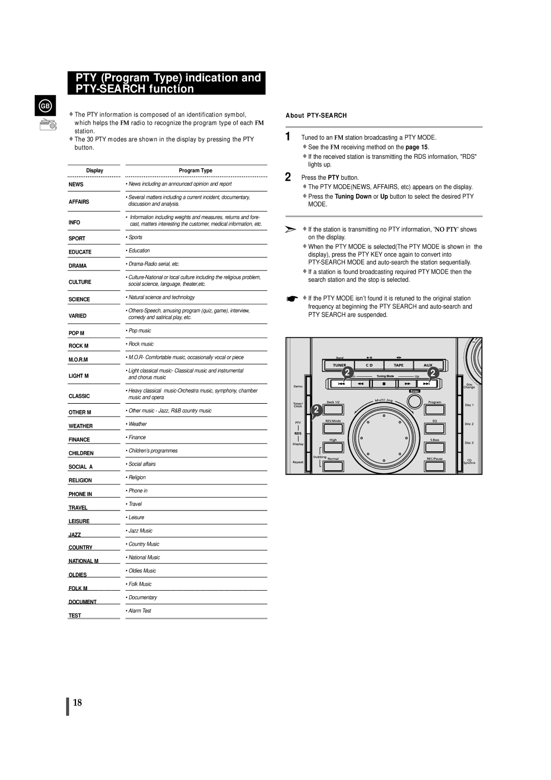 Samsung MAXZL45RH/ELS manual PTY Program Type indication and PTY-SEARCH function, About PTY-SEARCH 