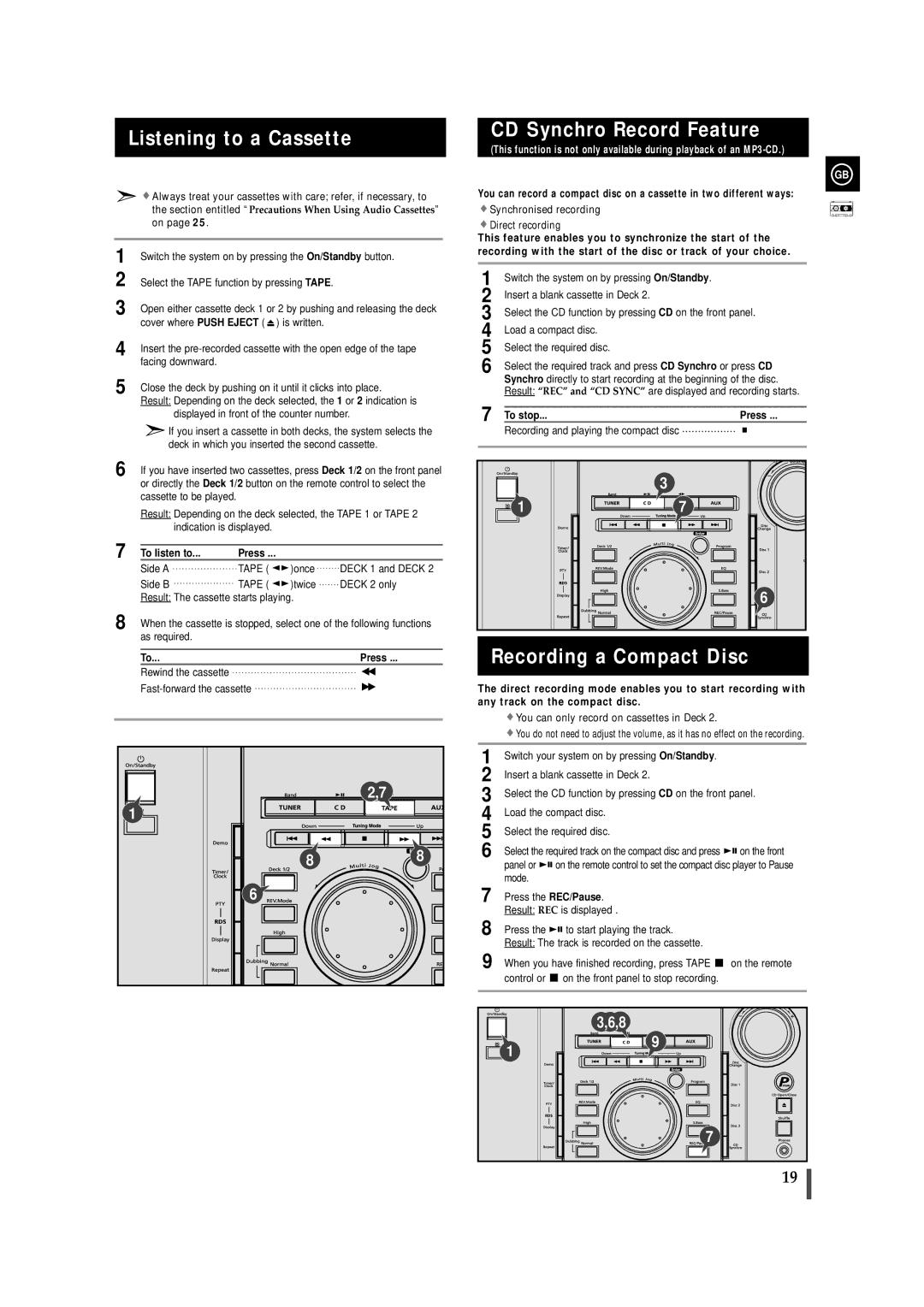 Samsung MAXZL45RH/ELS manual Listening to a Cassette, CD Synchro Record Feature, Recording a Compact Disc, To stop Press 