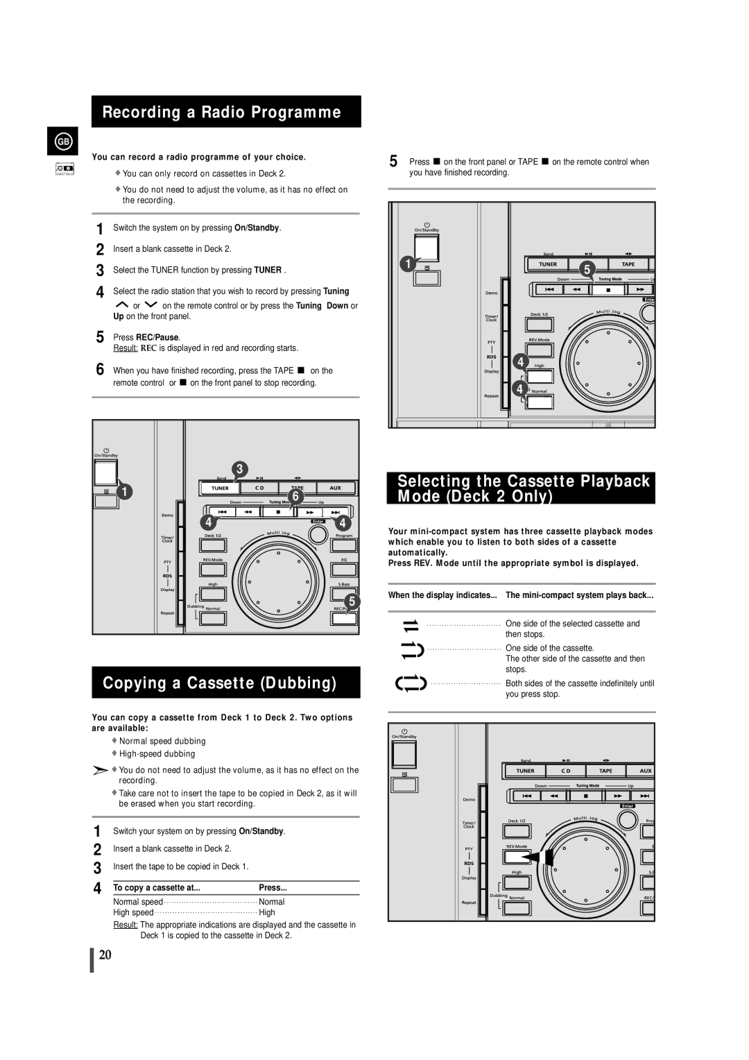 Samsung MAXZL45RH/ELS manual Recording a Radio Programme, Copying a Cassette Dubbing, Press REC/Pause 