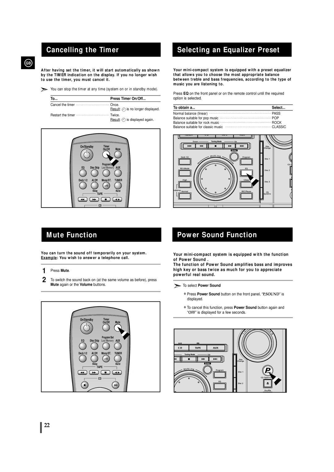 Samsung MAXZL45RH/ELS manual Cancelling the Timer, Selecting an Equalizer Preset, Mute Function, Power Sound Function 