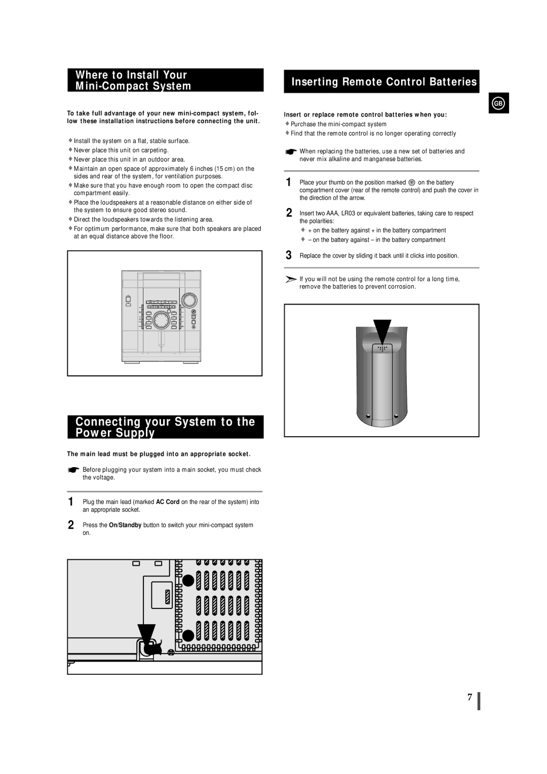 Samsung MAXZL45RH/ELS manual Connecting your System to the Power Supply, Where to Install Your Mini-Compact System 