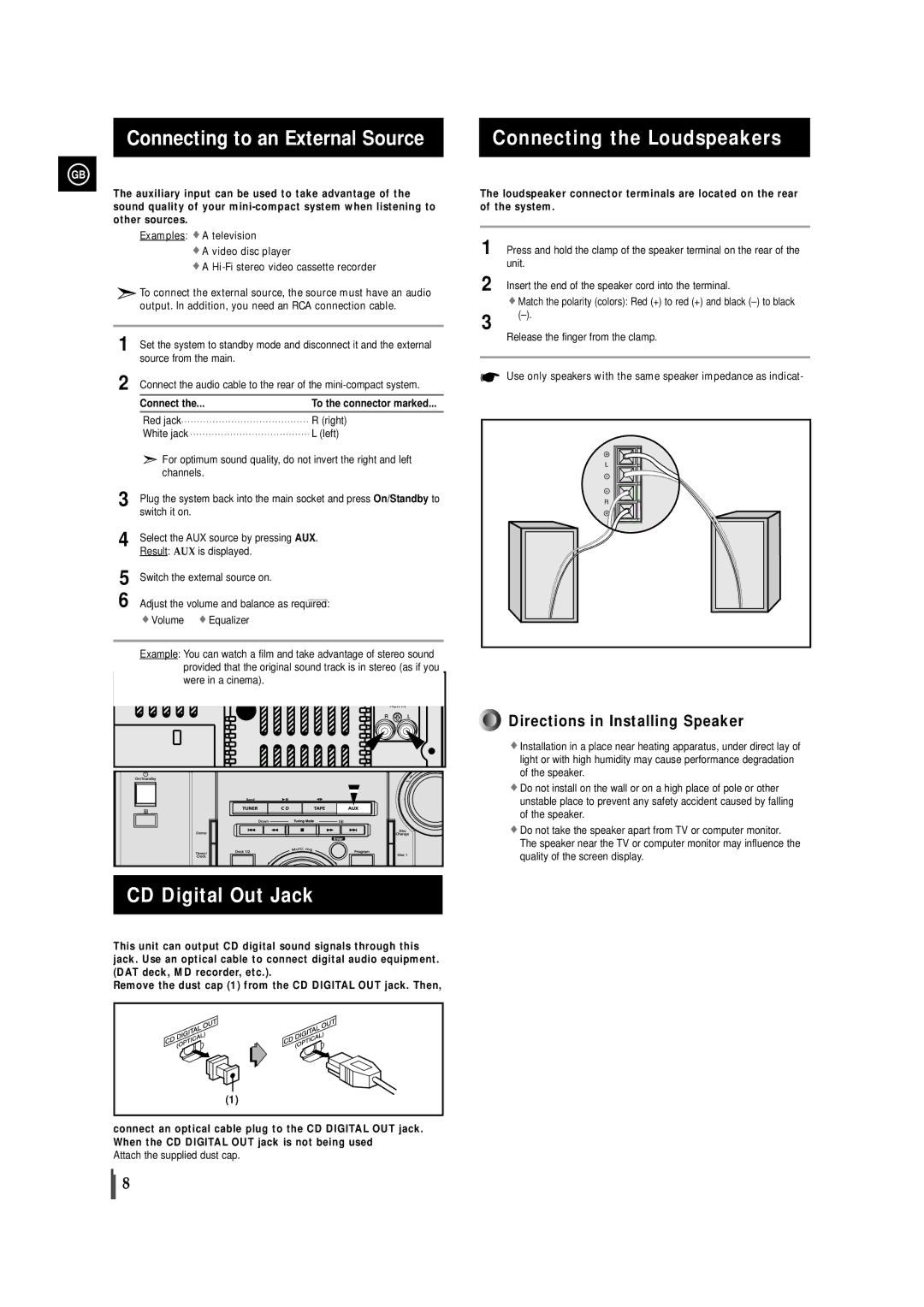 Samsung MAXZL45RH/ELS manual Connecting to an External Source, CD Digital Out Jack, Connecting the Loudspeakers 