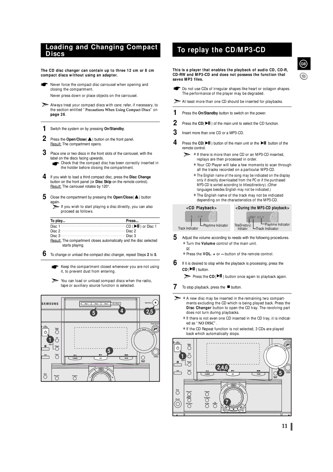 Samsung MAXZL82RH/ELS manual To replay the CD/MP3-CD, Loading and Changing Compact Discs, To play, Track Indicator 