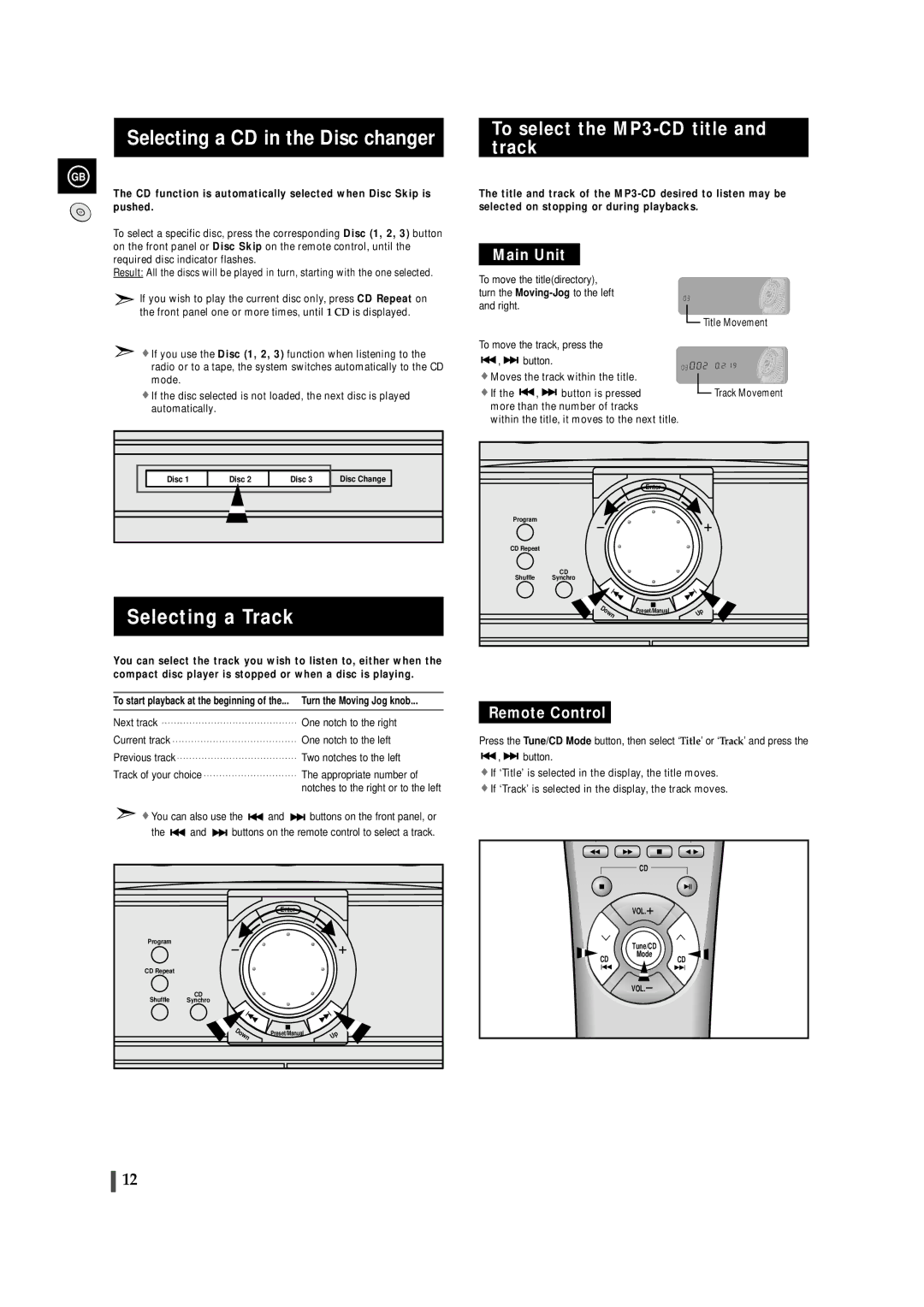 Samsung MAXZL82RH/ELS manual Selecting a CD in the Disc changer, Selecting a Track, To select the MP3-CD title and track 