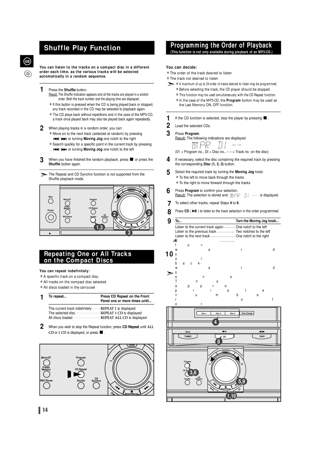 Samsung MAXZL82RH/ELS manual Shuffle Play Function, Programming the Order of Playback, Repeating One or All Tracks 