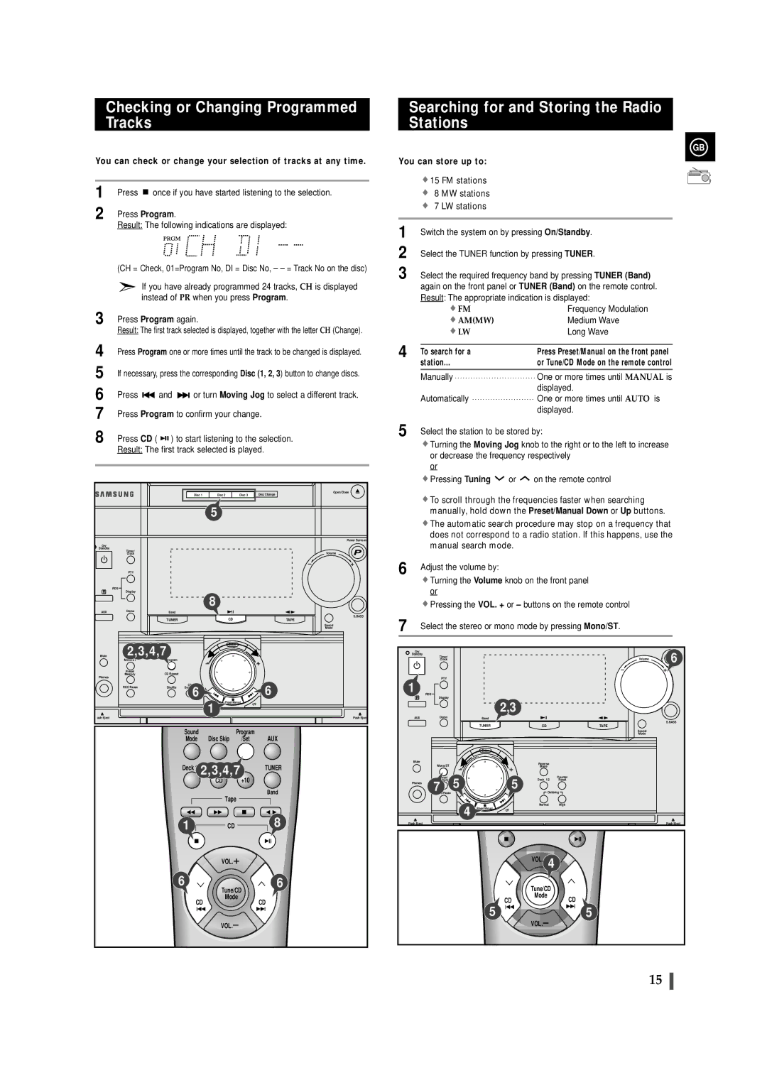 Samsung MAXZL82RH/ELS manual Checking or Changing Programmed Tracks, Searching for and Storing the Radio Stations 