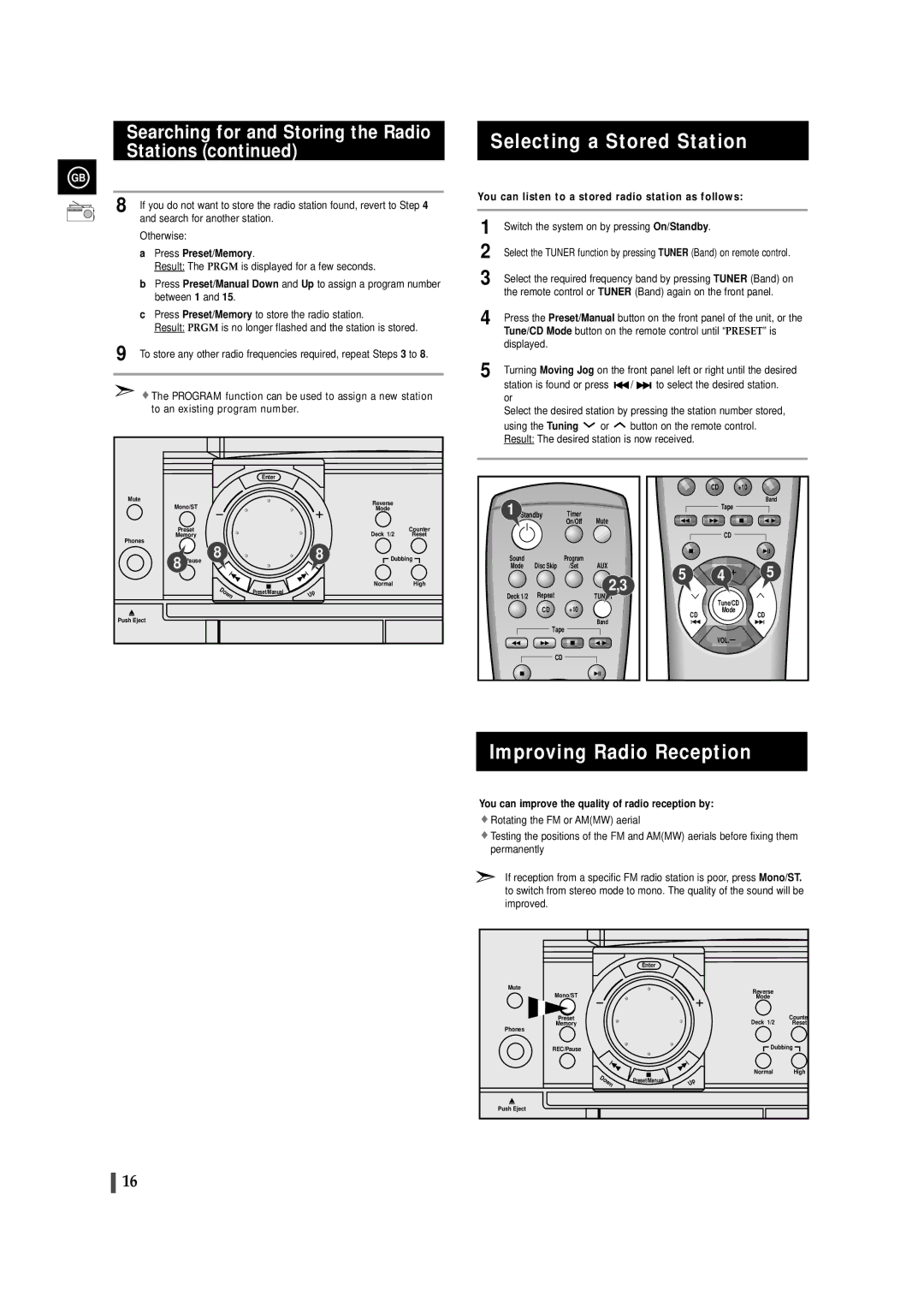 Samsung MAXZL82RH/ELS Selecting a Stored Station, Improving Radio Reception, Searching for and Storing the Radio, Stations 