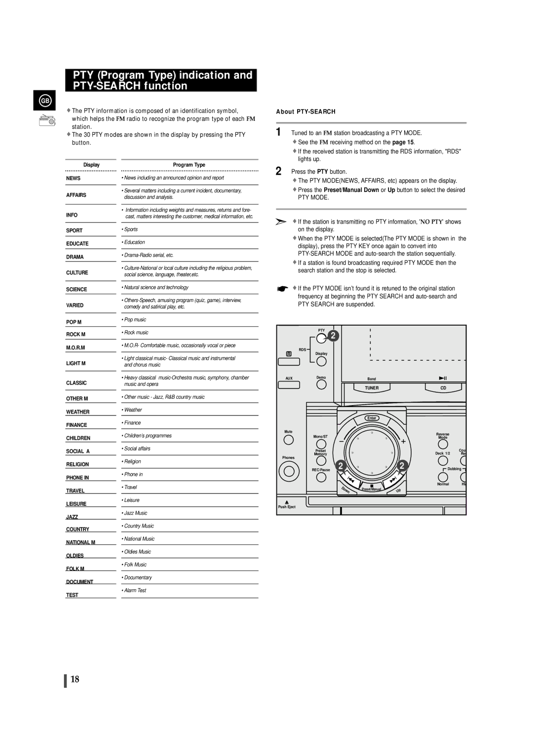 Samsung MAXZL82RH/ELS manual PTY Program Type indication and PTY-SEARCH function, About PTY-SEARCH 