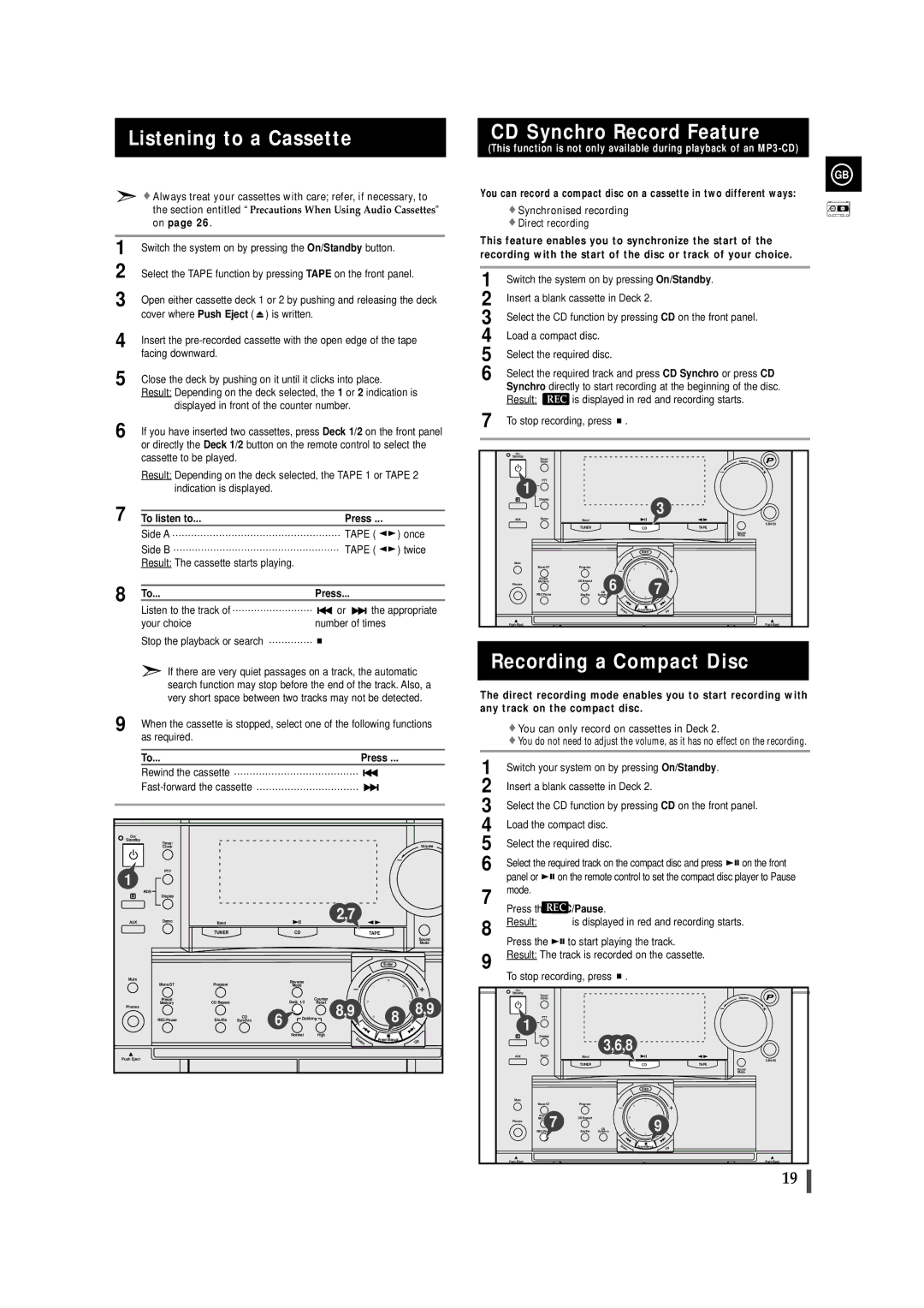 Samsung MAXZL82RH/ELS manual Listening to a Cassette, CD Synchro Record Feature, Recording a Compact Disc 