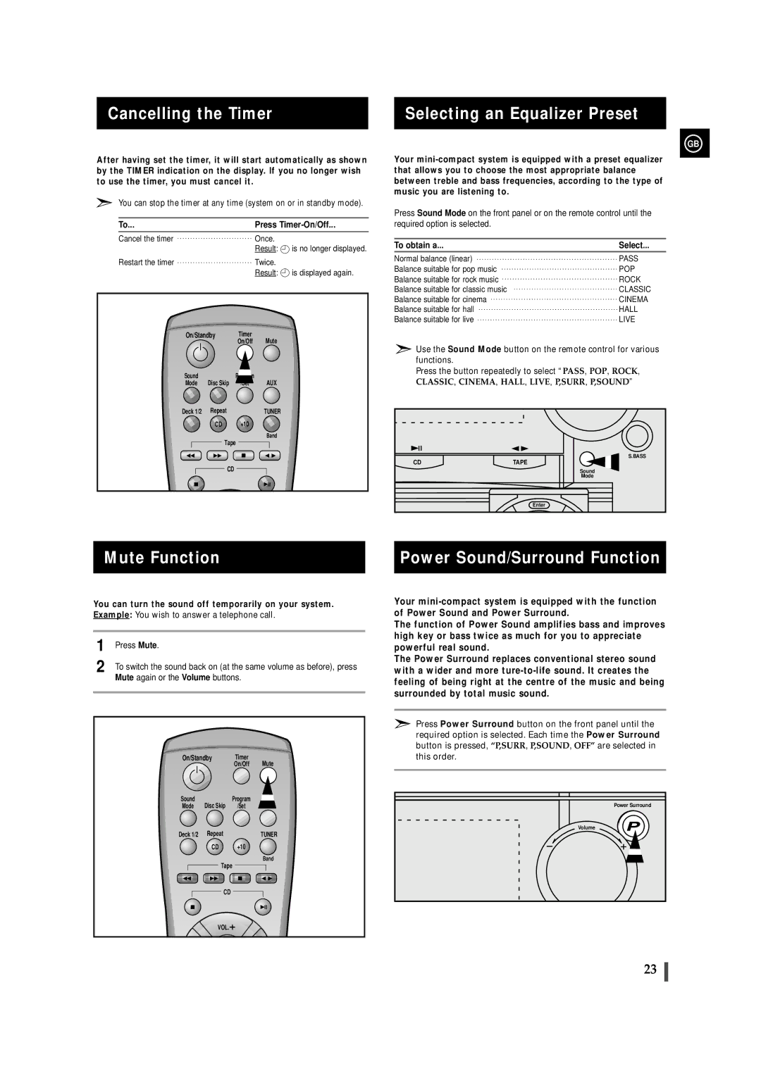 Samsung MAXZL82RH/ELS Cancelling the Timer Selecting an Equalizer Preset, Mute Function Power Sound/Surround Function 