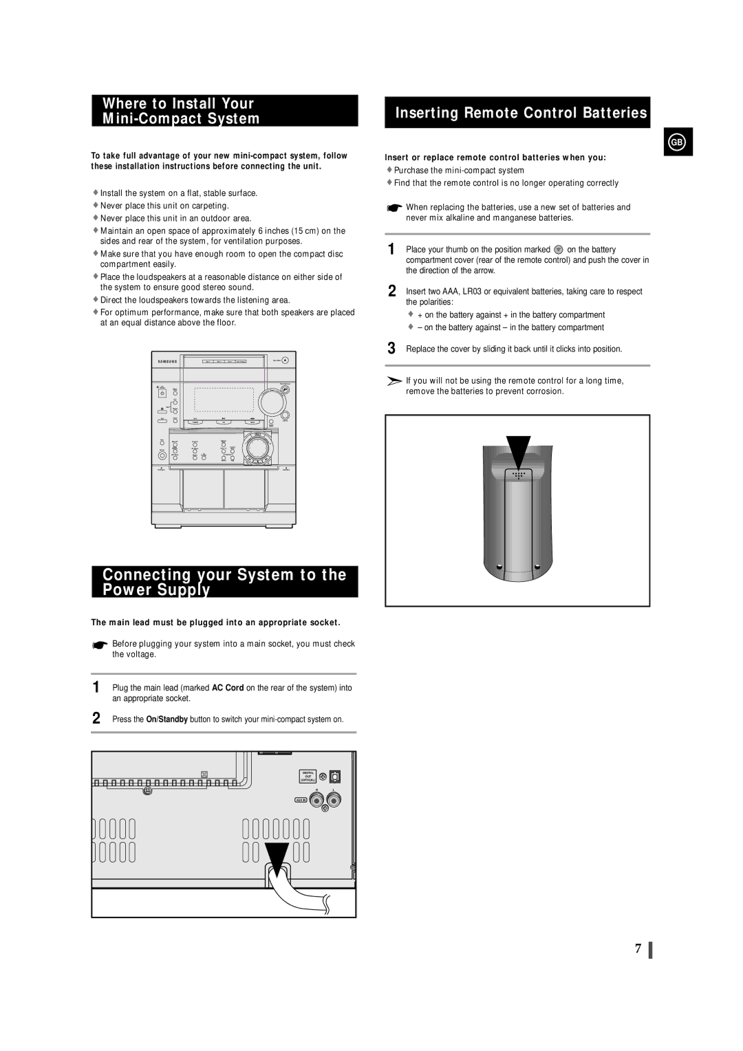 Samsung MAXZL82RH/ELS manual Connecting your System to the Power Supply, Where to Install Your Mini-Compact System 