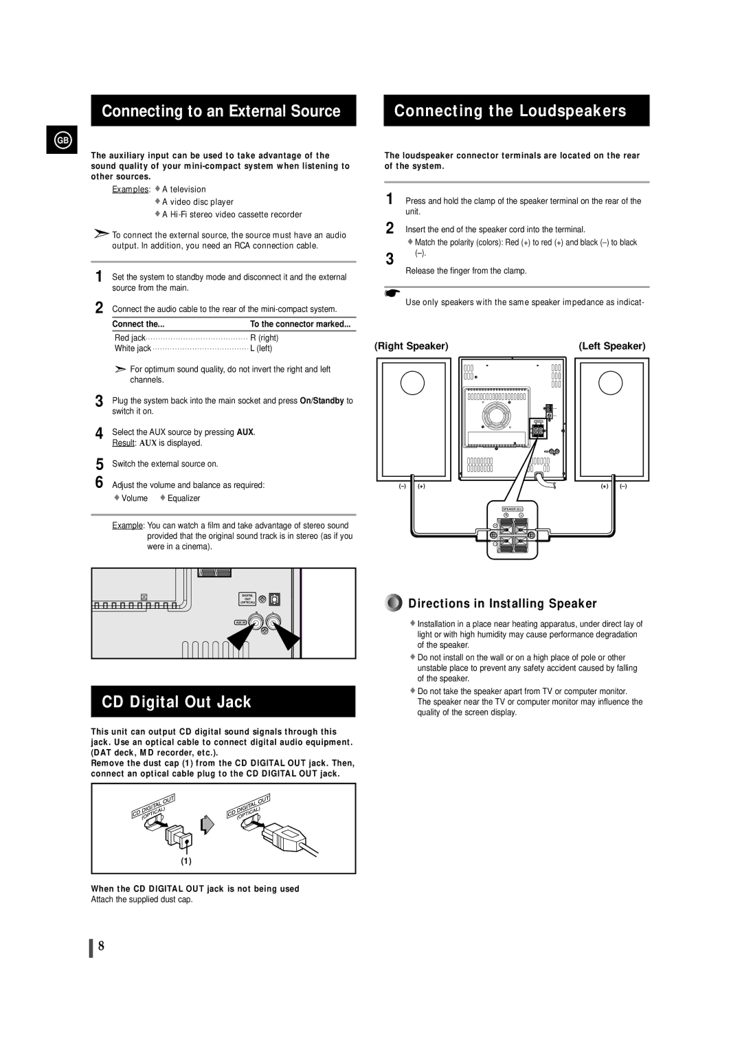 Samsung MAXZL82RH/ELS manual Connecting to an External Source, Connecting the Loudspeakers, CD Digital Out Jack 