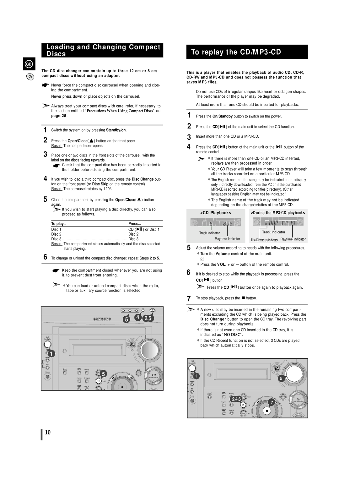 Samsung MAXZS530RH/ELS manual To replay the CD/MP3-CD, Loading and Changing Compact Discs, To play, Track Indicator 