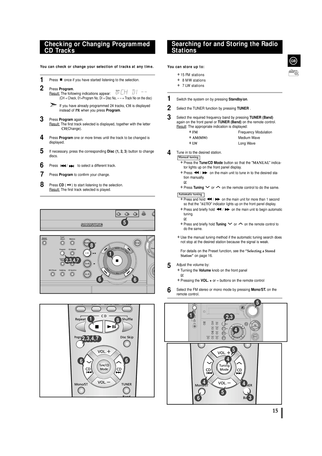 Samsung MAXZS530RH/ELS manual Checking or Changing Programmed CD Tracks, Searching for and Storing the Radio Stations 