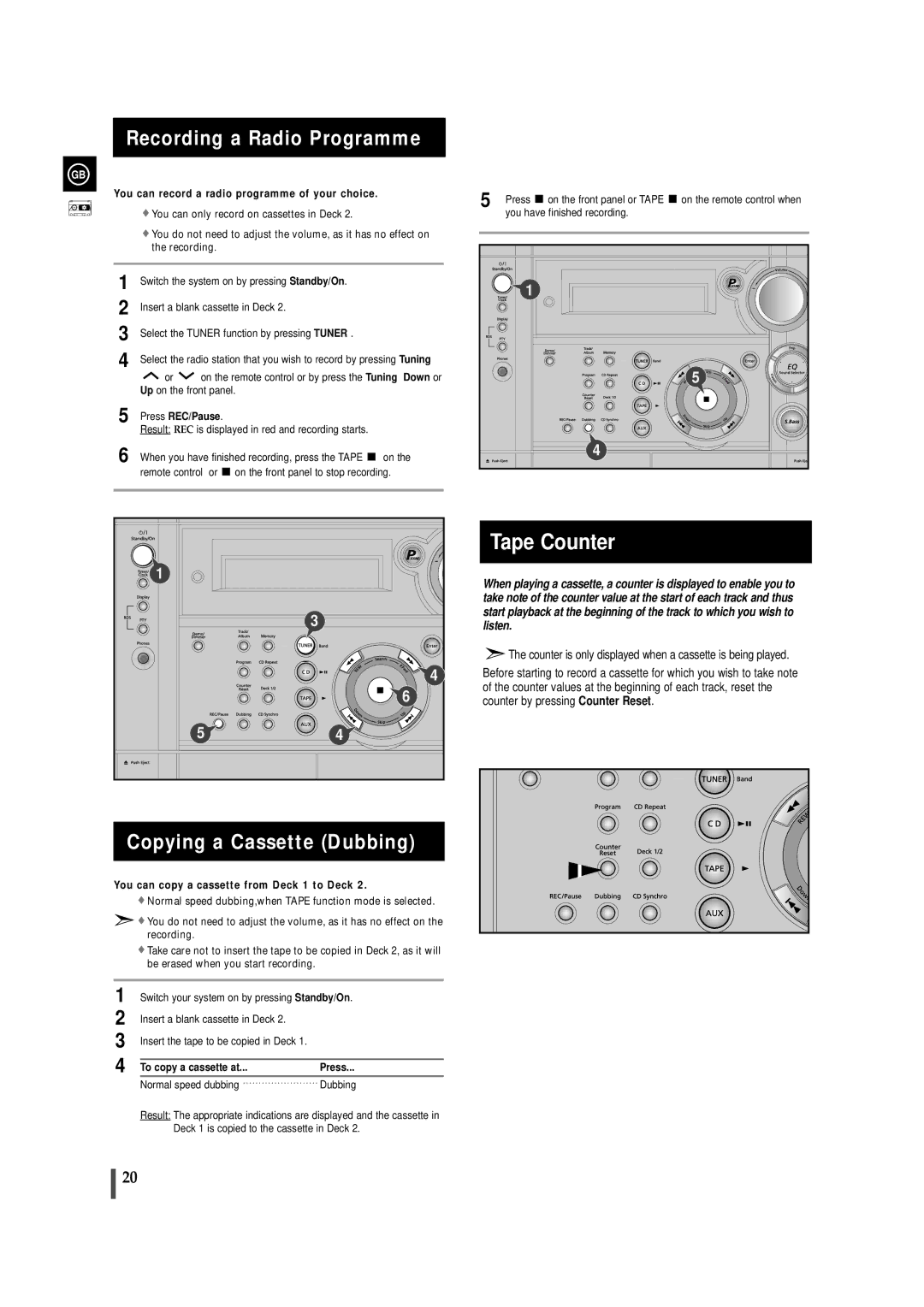 Samsung MAXZS530RH/ELS manual Recording a Radio Programme, Copying a Cassette Dubbing, Press REC/Pause 