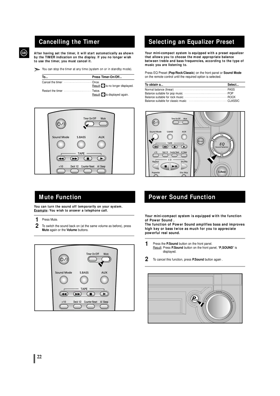 Samsung MAXZS530RH/ELS manual Cancelling the Timer, Mute Function, Selecting an Equalizer Preset, Power Sound Function 