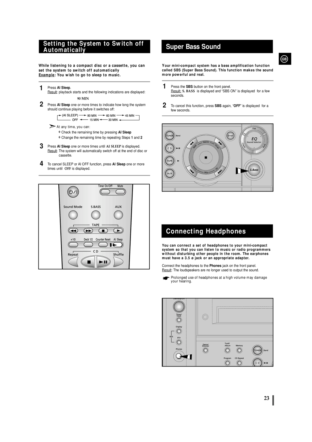 Samsung MAXZS530RH/ELS manual Super Bass Sound, Connecting Headphones, Setting the System to Switch off Automatically 