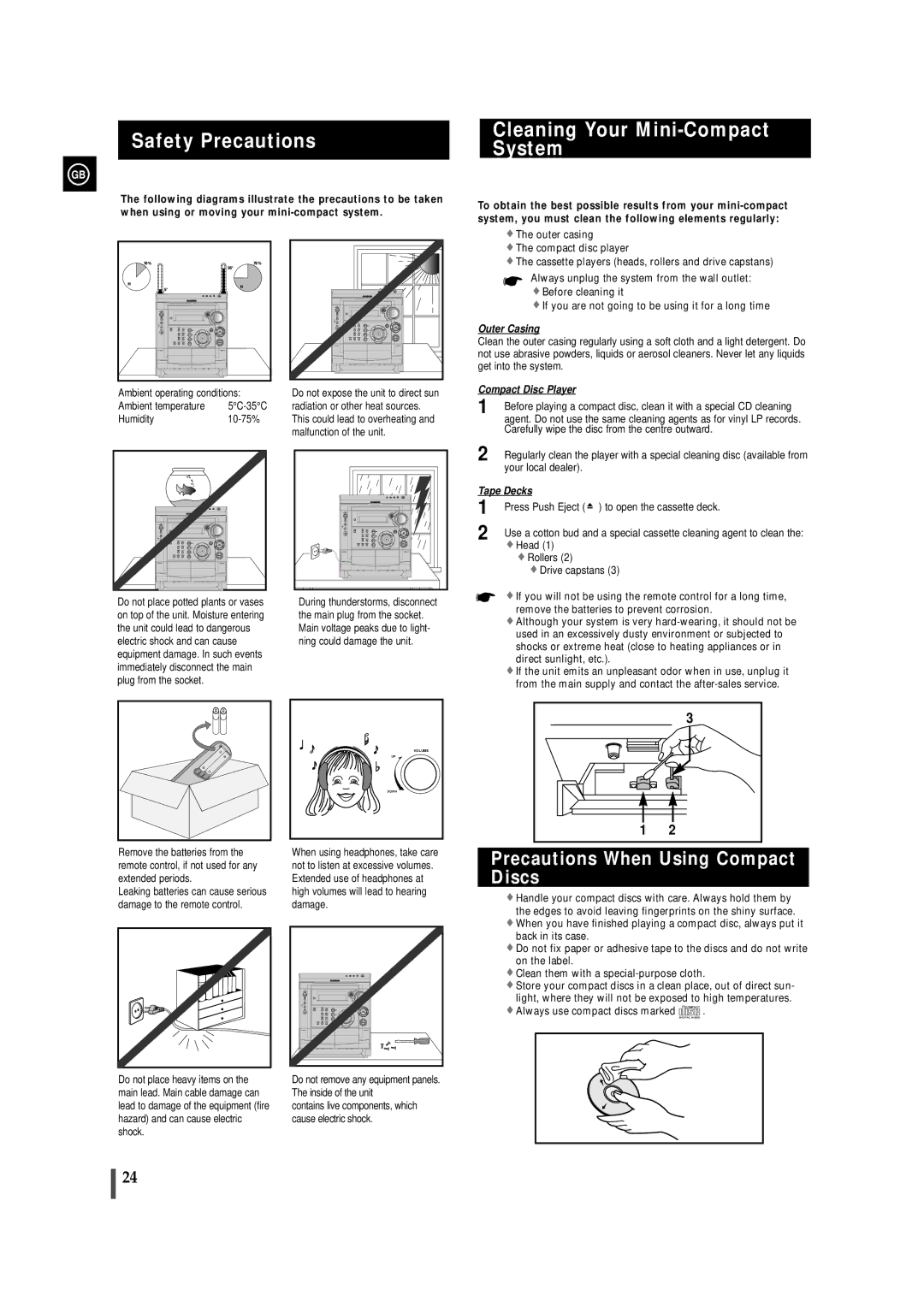 Samsung MAXZS530RH/ELS manual Safety Precautions Cleaning Your Mini-Compact System, Precautions When Using Compact Discs 