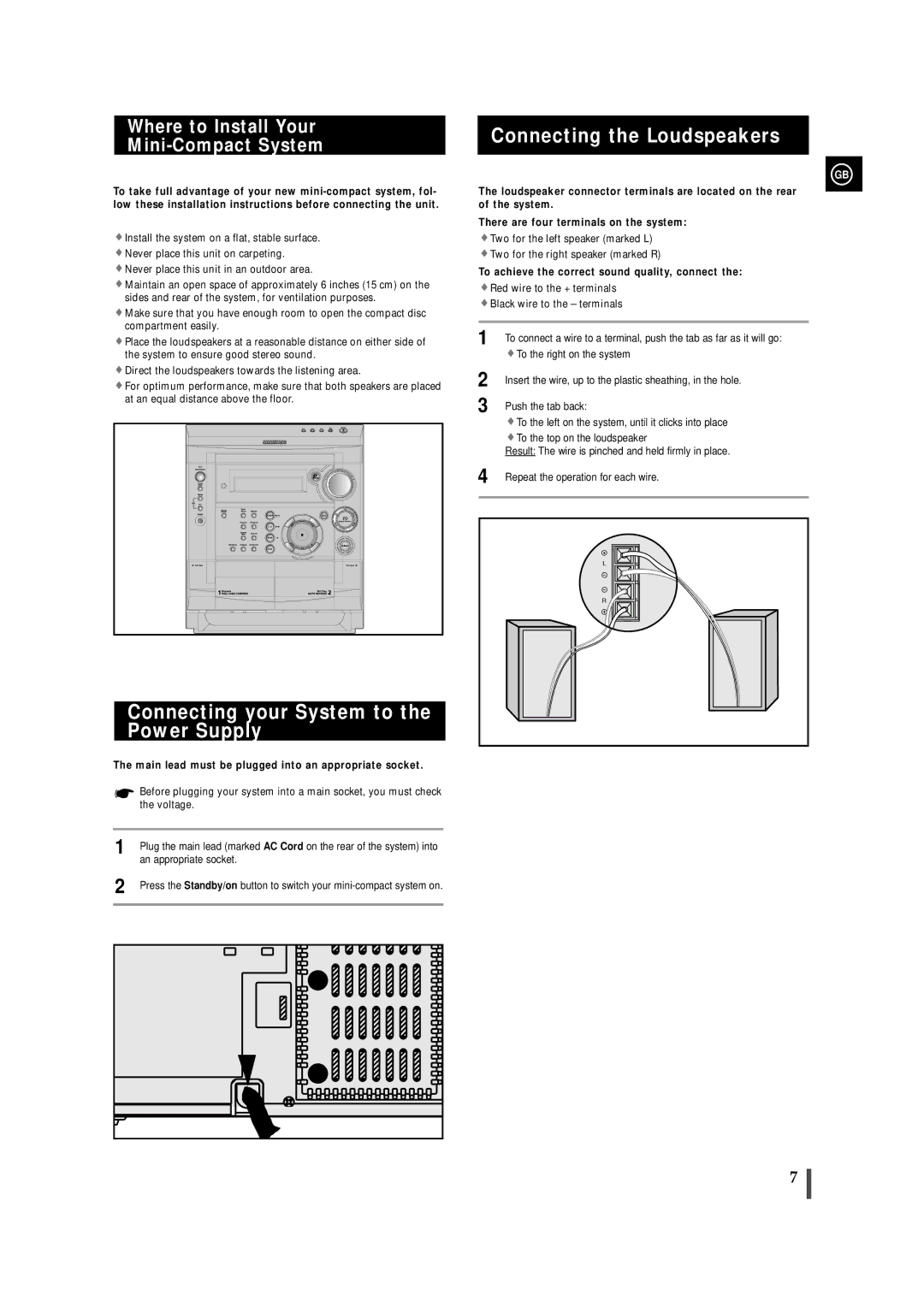 Samsung MAXZS530RH/ELS manual Connecting your System to the Power Supply, Connecting the Loudspeakers 