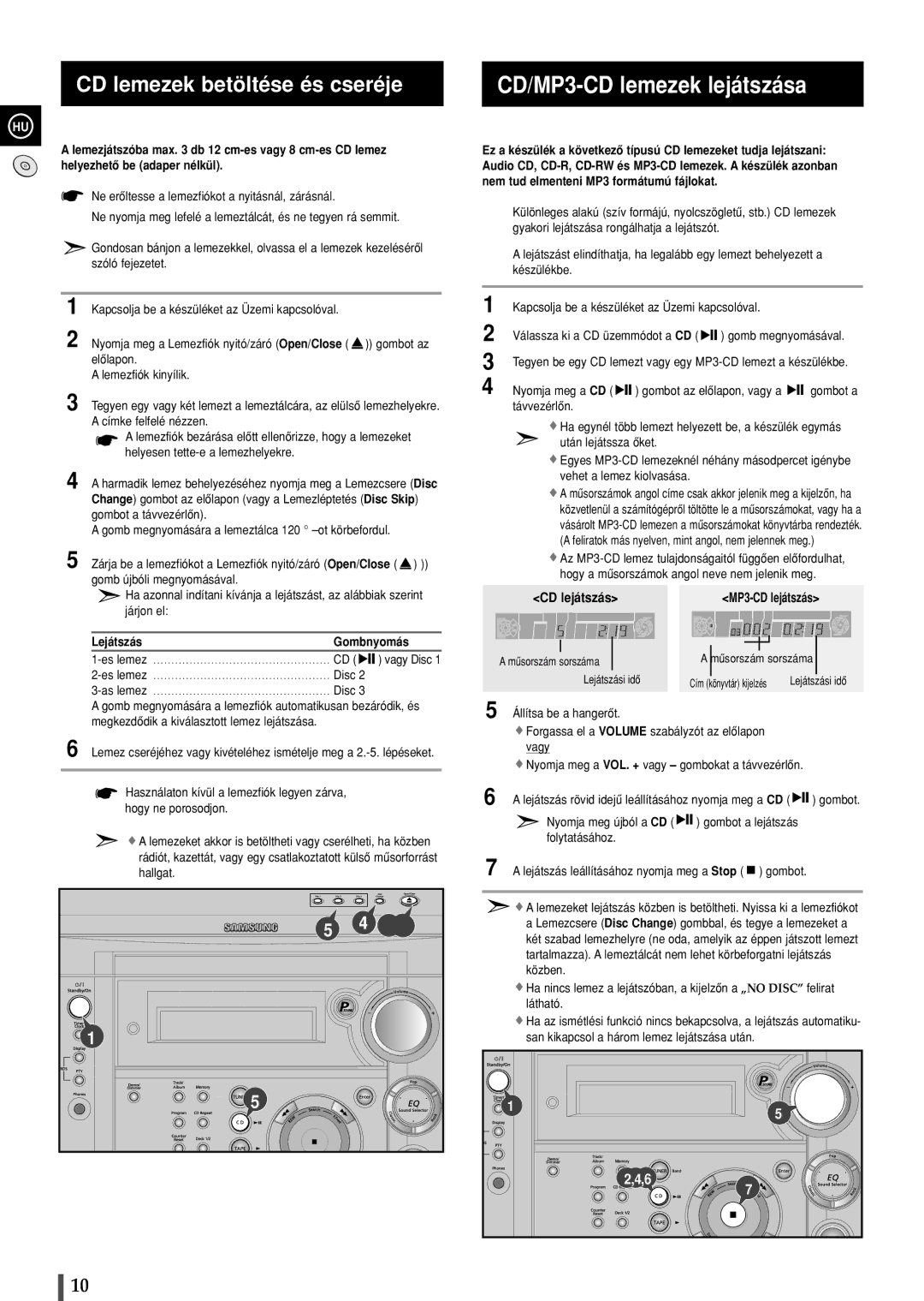 Samsung MAXZS530RH/ELS manual CD/MP3-CD lemezek lejátszása, CD lemezek betöltése és cseréje 