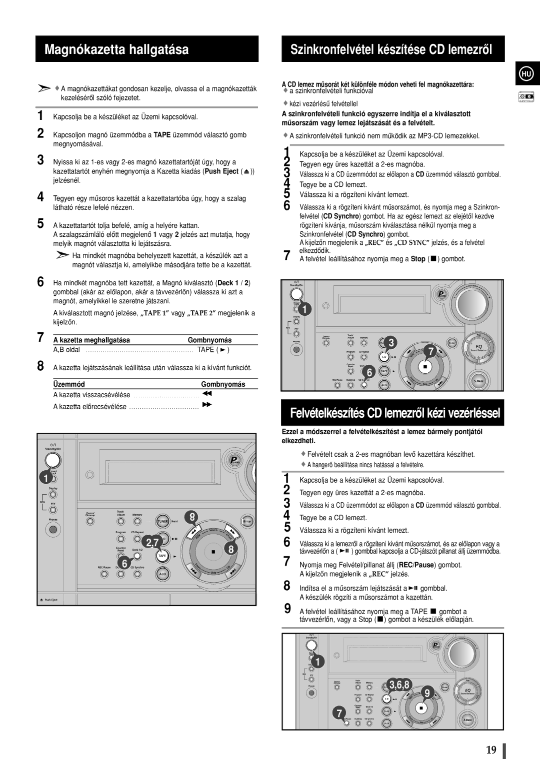 Samsung MAXZS530RH/ELS Magnókazetta hallgatása, Szinkronfelvétel készítése CD lemezrôl, Kazetta meghallgatása Gombnyomás 