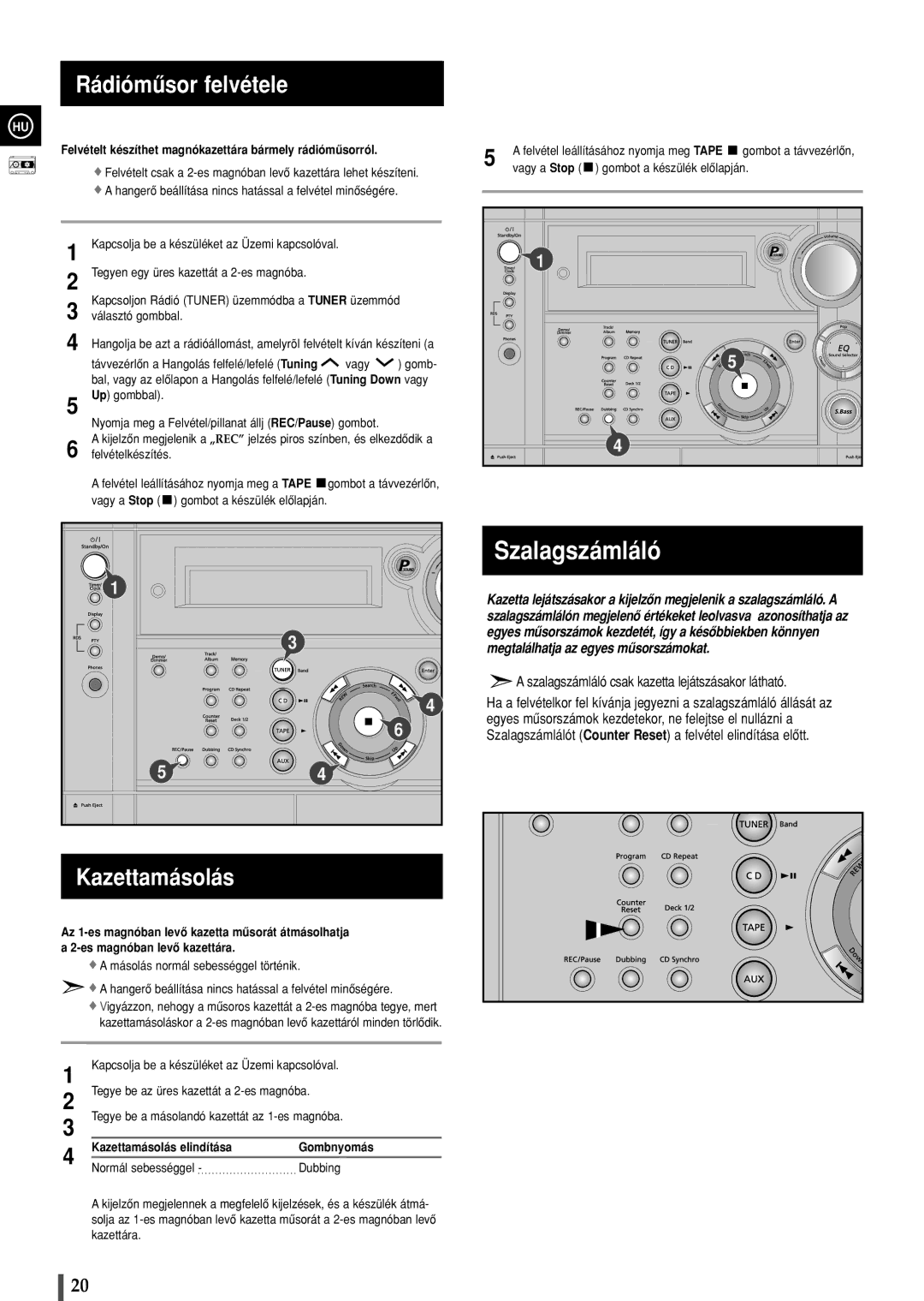 Samsung MAXZS530RH/ELS manual Rádiómûsor felvétele, Kazettamásolás 