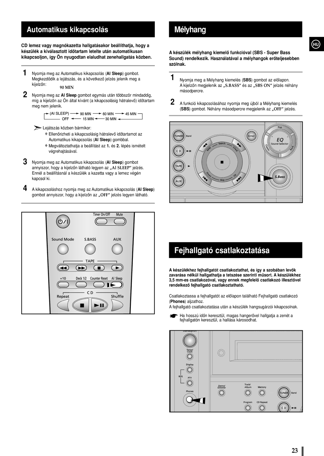 Samsung MAXZS530RH/ELS manual Mélyhang, Fejhallgató csatlakoztatása, Automatikus kikapcsolás 