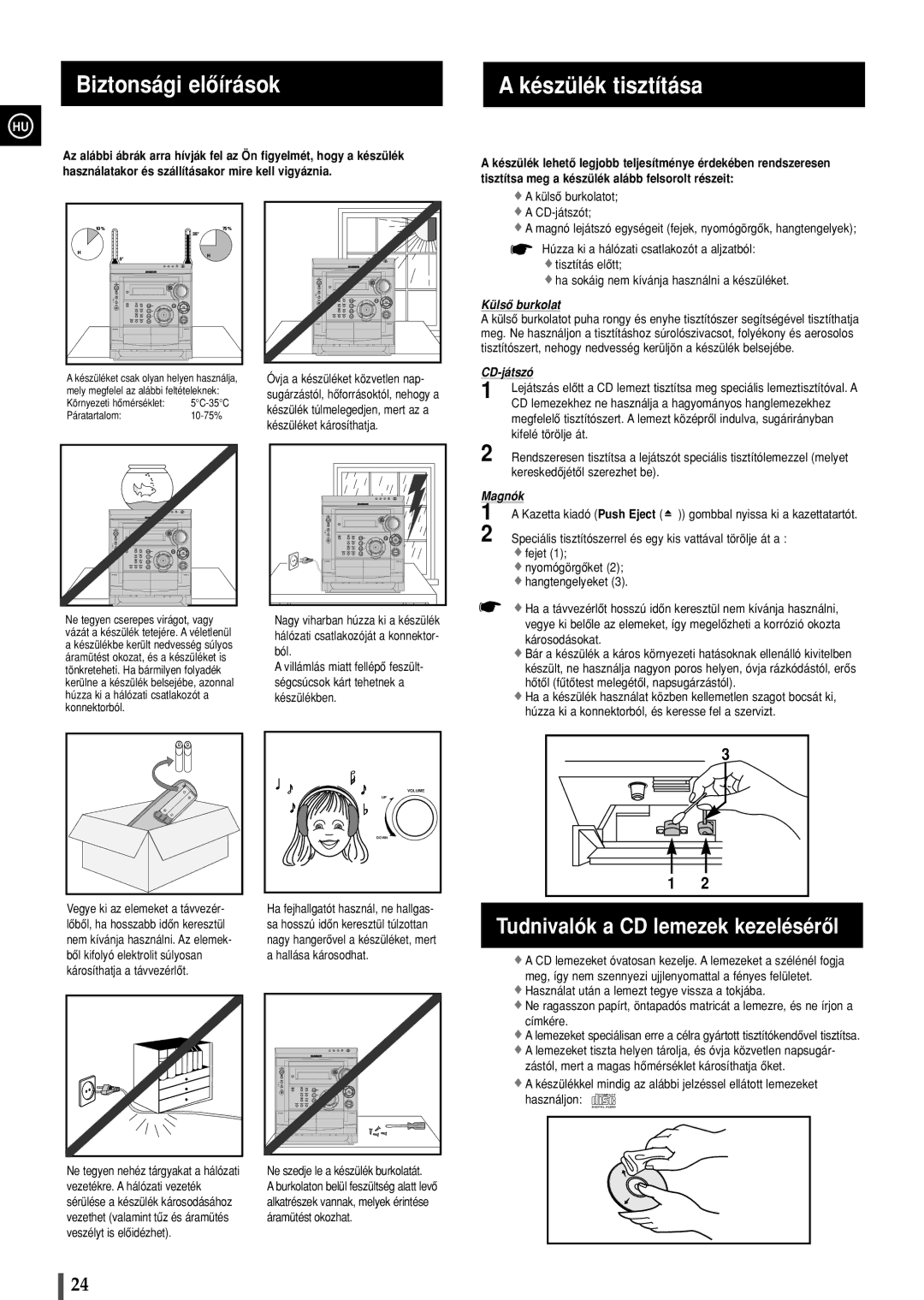 Samsung MAXZS530RH/ELS manual Biztonsági elôírások Készülék tisztítása, Tudnivalók a CD lemezek kezelésérôl 