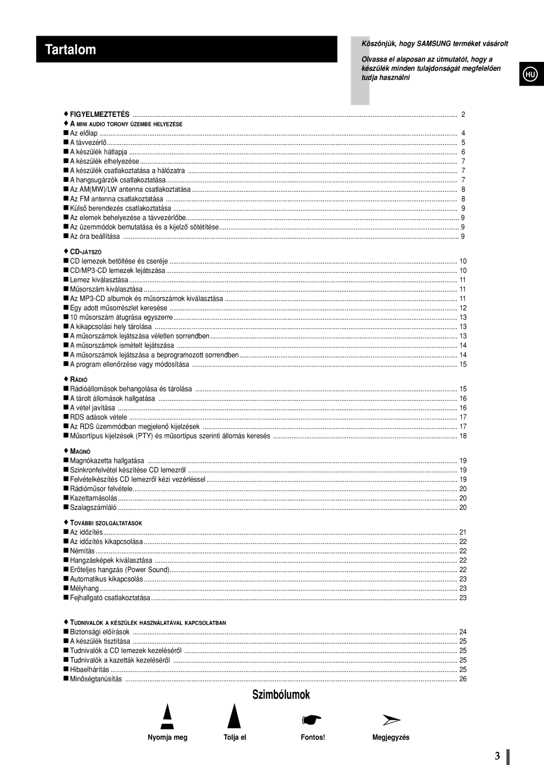 Samsung MAXZS530RH/ELS manual Tartalom, Nyomja meg Tolja el Fontos Megjegyzés 