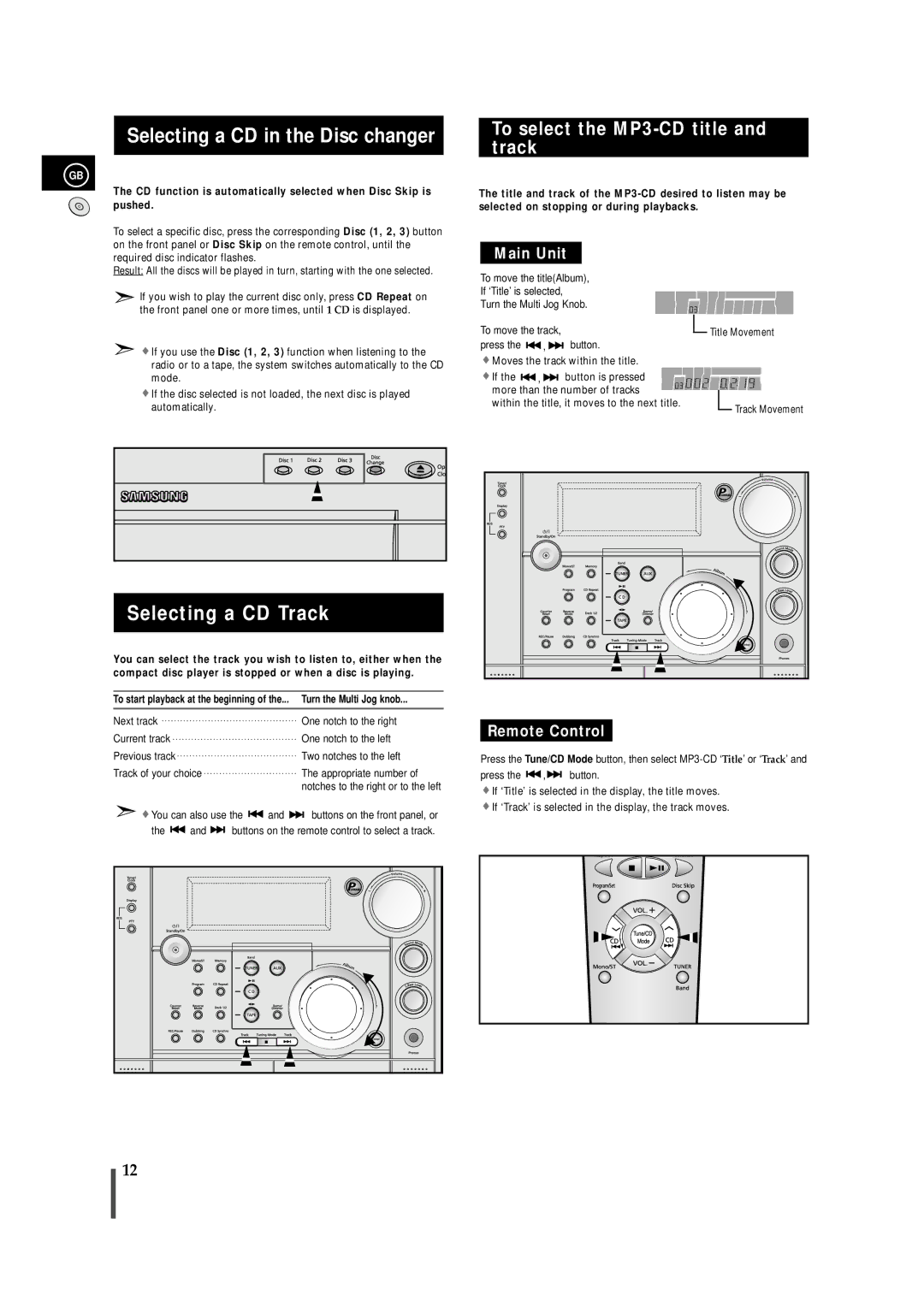 Samsung MAXZS720RH/ELS Selecting a CD in the Disc changer, Selecting a CD Track, To select the MP3-CD title and track 