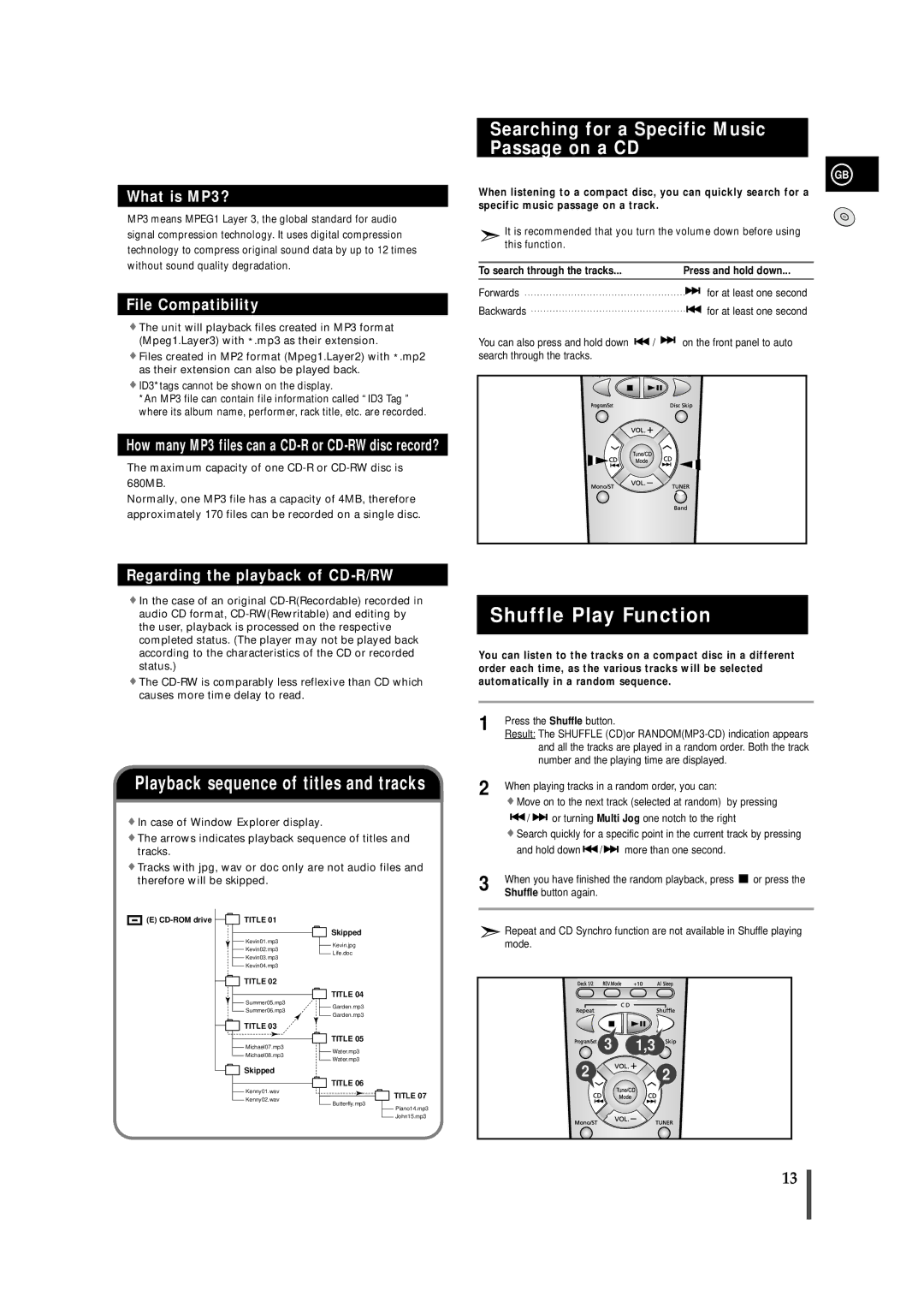 Samsung MAXZS720RH/SPX, MAXZS720RH/ELS manual Shuffle Play Function, Searching for a Specific Music Passage on a CD 