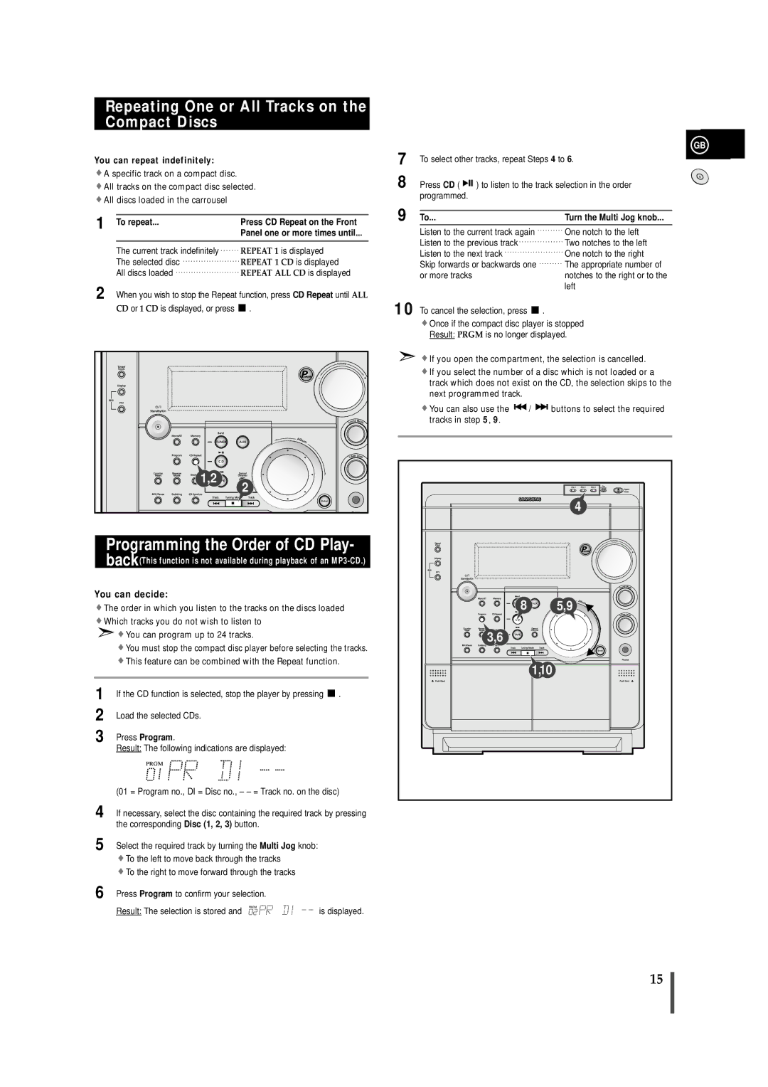 Samsung MAXZS720RH/SPX manual Programming the Order of CD Play, Repeating One or All Tracks on the Compact Discs, To repeat 